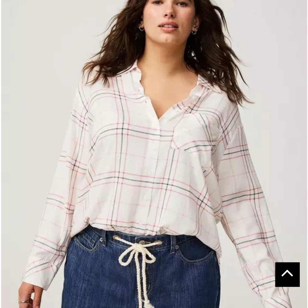 slouchy drop shoulder button-front shirt workwear casual plaid torrid